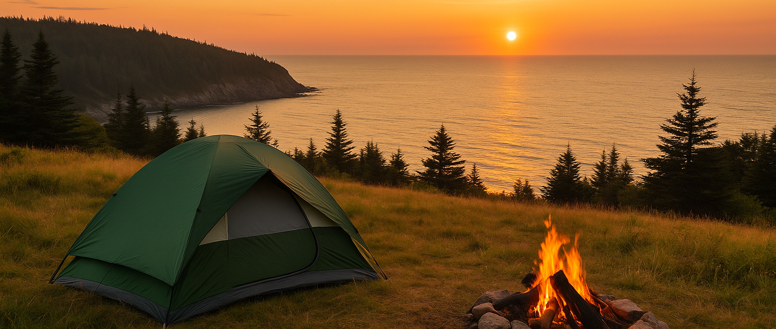 Campsite in Atlantic Canada at golden hour